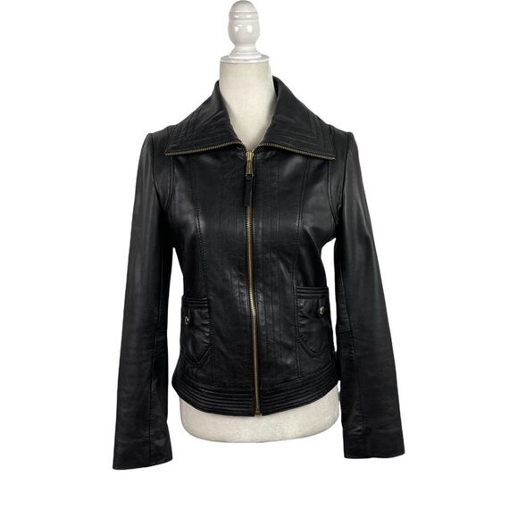 Michael Kors Missy Wing Collar Black Leather Moto Jacket Size XS $695 - Picture 3 of 16